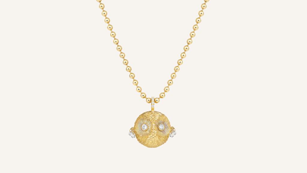 Salome Rico’s “Chouette la Chouette” pendant in 18-karat yellow gold with diamonds totaling 0.50 carats ($8,433) Chouette la Chouette Pendant